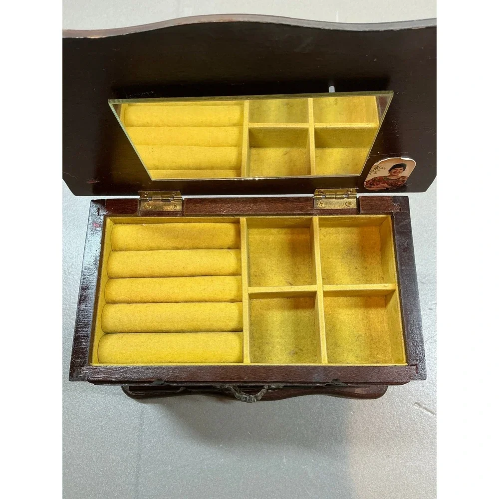 Vintage Illinois Musical Jewelry Box Solid Wood 3 Drawer Mirror Yellow Lining